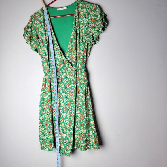 Mi Ami Green Floral True Wrap Dress M Lined Boho Cottagecore Flutter Sleeve Soft - Picture 6 of 10